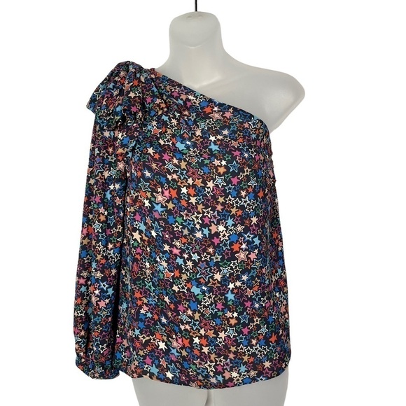 J. Crew Black Kaleidoscope Star Print One Shoulder Long Sleeve Blouse 6 - Picture 2 of 8